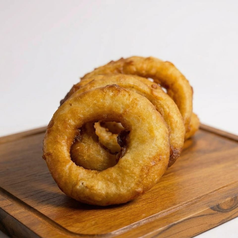 Golden-brown onion rings stacked on a wooden cutting board against a white background.