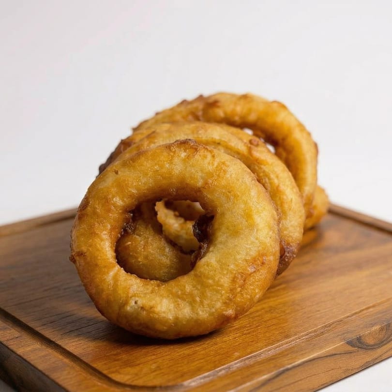 Golden-brown onion rings stacked on a wooden cutting board against a white background.