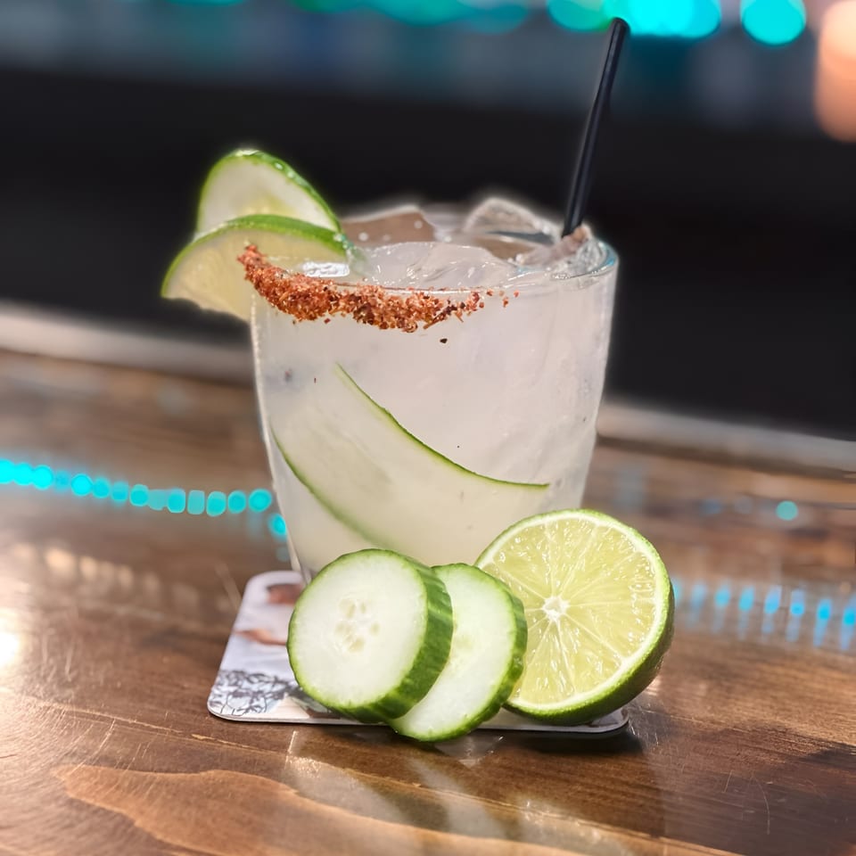 Cucumber margarita with a chili-lime rim, garnished with cucumber slices and a lime wedge on a wooden bar.