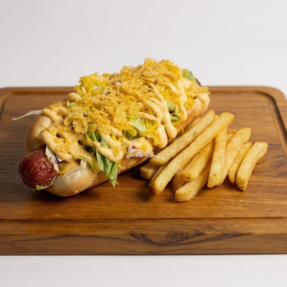 Hot dog with lettuce, cheese sauce, and crispy fried onions, served with french fries on a wooden board.
