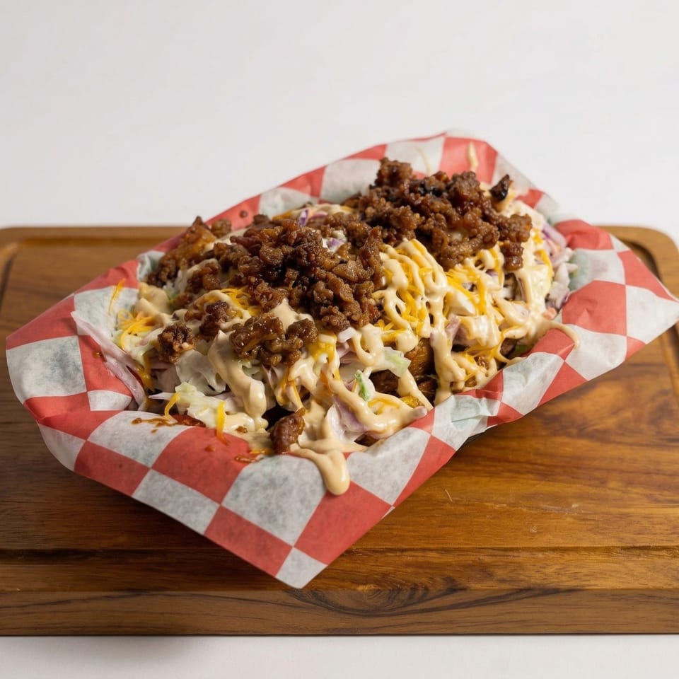 Loaded fries with ground meat, shredded cheese, and creamy sauce in a red and white checkered basket.