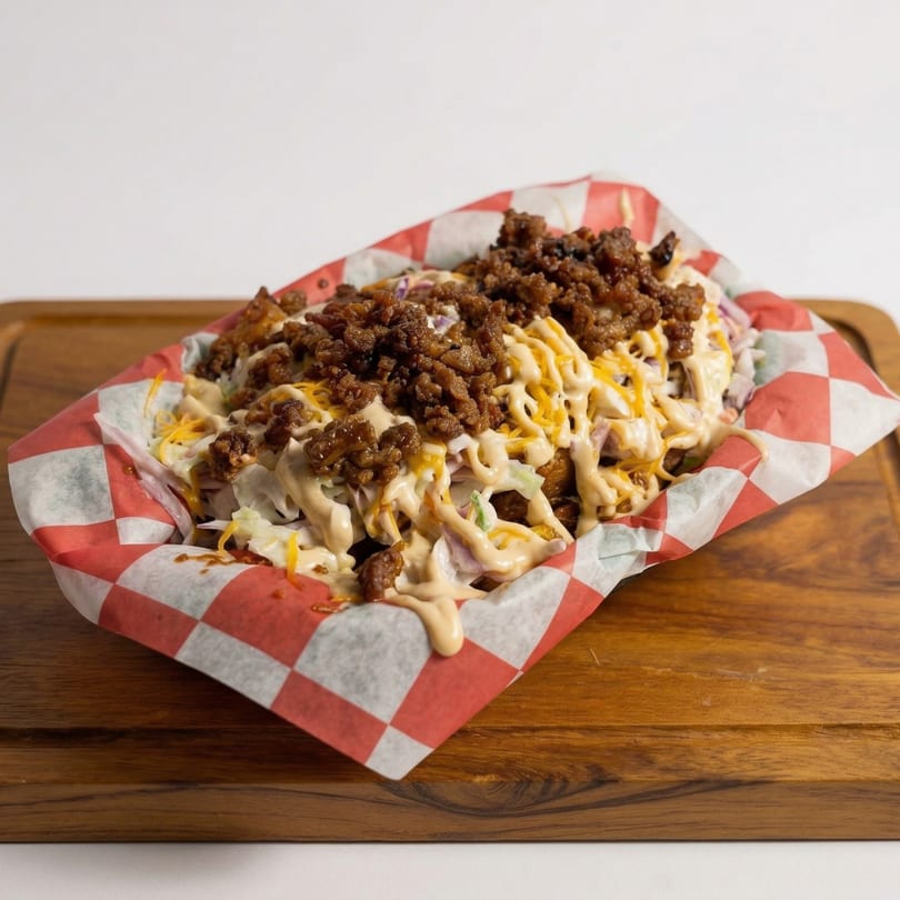 Loaded fries with ground meat, shredded cheese, and creamy sauce in a red and white checkered basket.