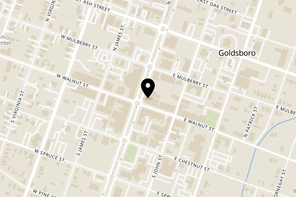 Map showing the location of Three65 Bar & Grill on 108 N Center St in Goldsboro